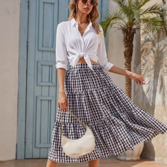 Dresses & Skirts - Black & White Gingham Plaid Full Tiered Midi Skirt - Lightweight Fall Style